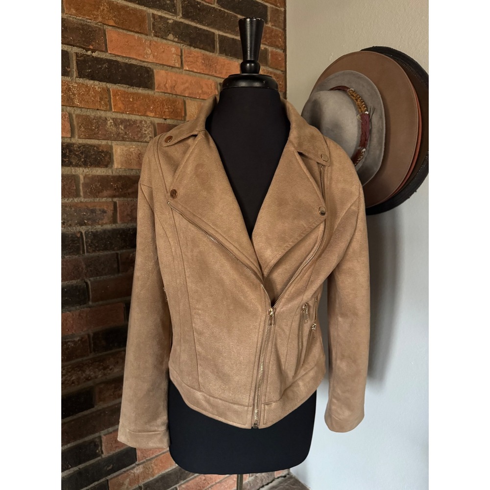 Alya Francesca's Tan Faux Suede Moto‎ Jacket Brown Zip Up PLM21-32B-BROWN Large